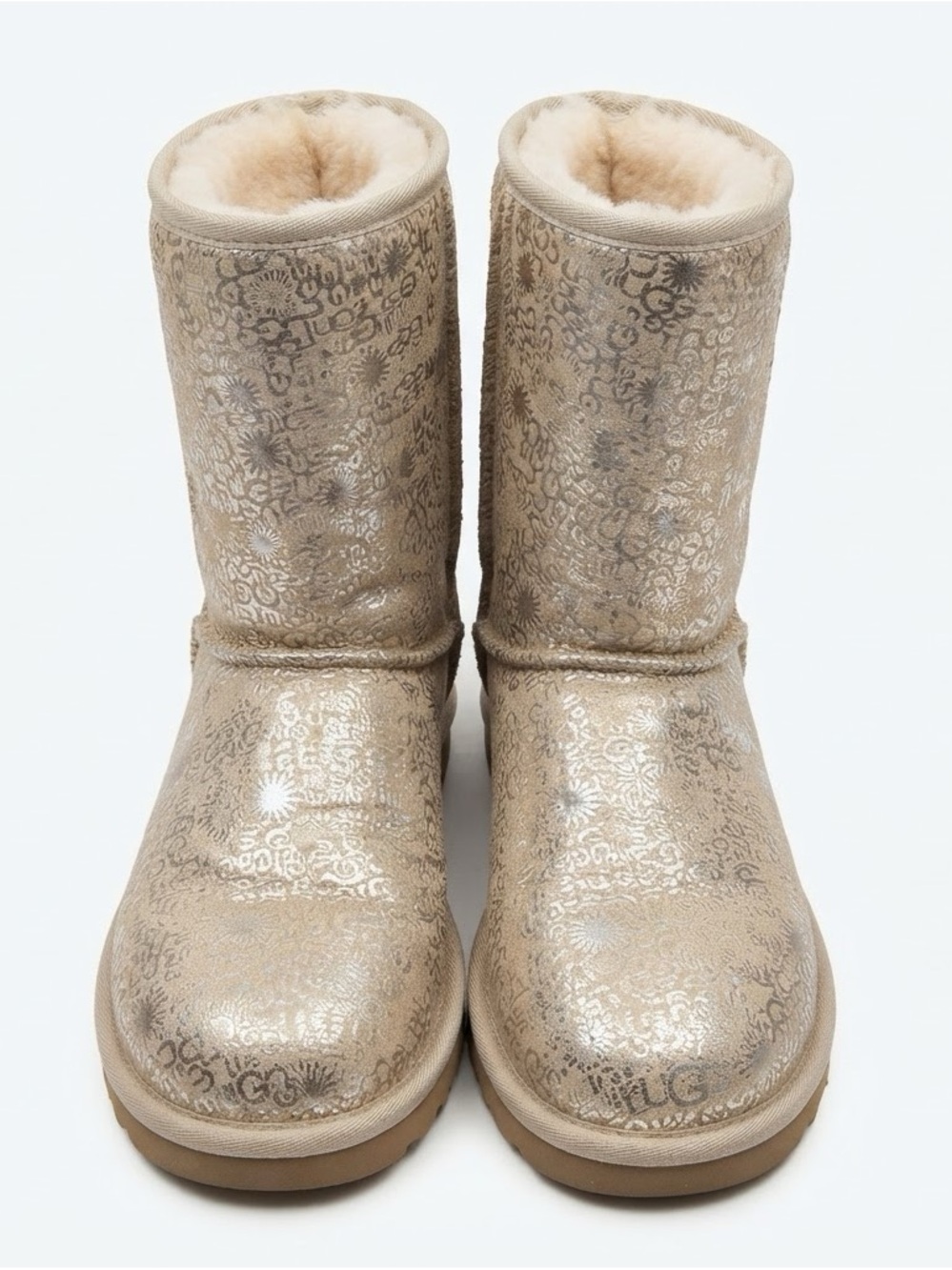 UGG Metallic Floral-Pattern Shearling Mid-Calf Boots in Gold